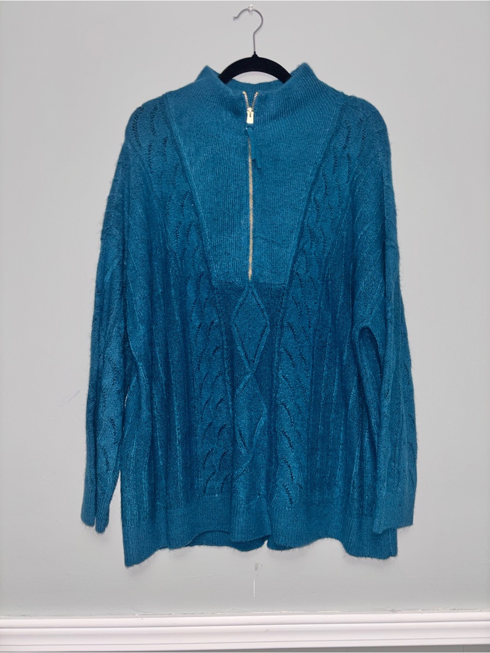 Talbots Teal Cable-Knit Half-Zip Turtleneck Sweater